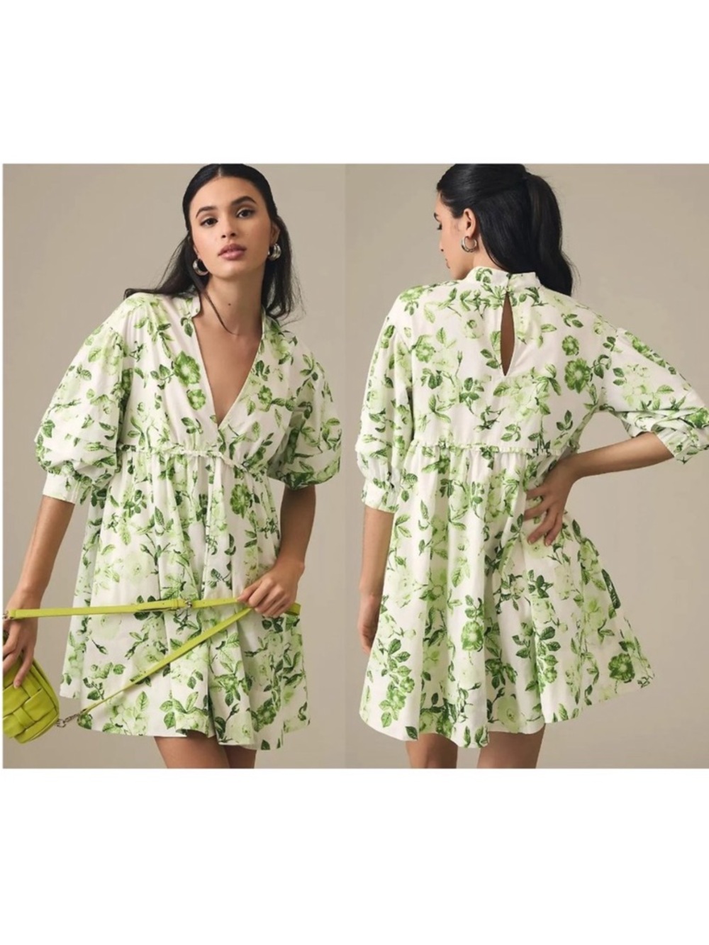 Anthropologie Maeve V-Neck Tunic Dress in a green floral motif - Size Medium